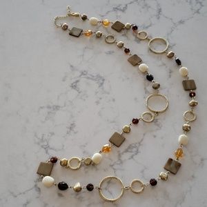Lia Sophia Long Beaded Gold Tone necklace With Amber Jewels